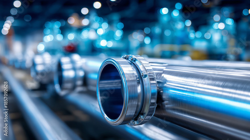 Pipelines with pipes in industrial area, manufacturing infrastructure, petrochemical facility, industrial zone, defocused background, with copy space