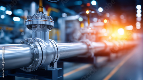 Energy pipe lines of petroleum factory, industrial infrastructure, manufacturing facility, processing equipment, defocused background, with copy space