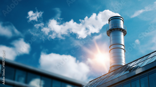 Advanced energy industry building with carbon-free chimney, sustainable and clean energy, clean new power plant, eco-friendly facility, defocused background, with copy space