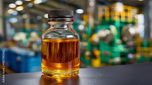 Sample placed on lab table with refinery machinery in background defocused, industrial testing, quality control, manufacturing facility, with copy space