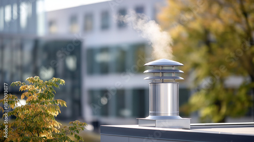 Advanced energy industry building with carbon-free chimney, sustainable and clean energy, clean new power plant facility, defocused surroundings, with copy space