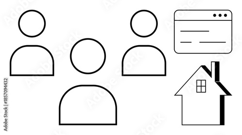 Online collaboration, remote work, digital networking, community building, real estate, team management. Three person icons, home icon and web interface. Online collaboration and remote work concept