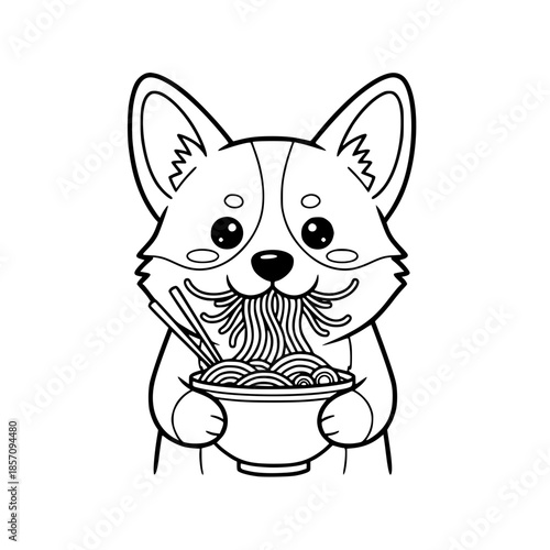 A playful corgi happily devours a bowl of noodles, creating a heartwarming scene. The monochrome style adds to the charm, emphasizing the joyful moment. vector illustration