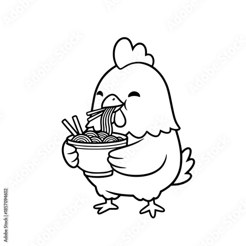 A charming illustration of a happy chicken contentedly devouring noodles from a bowl, showcasing an adorable character. vector illustration