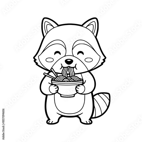 A delightful cartoon raccoon happily savors a bowl of noodles, a charming illustration perfect for children and culinary themes.  vector illustration