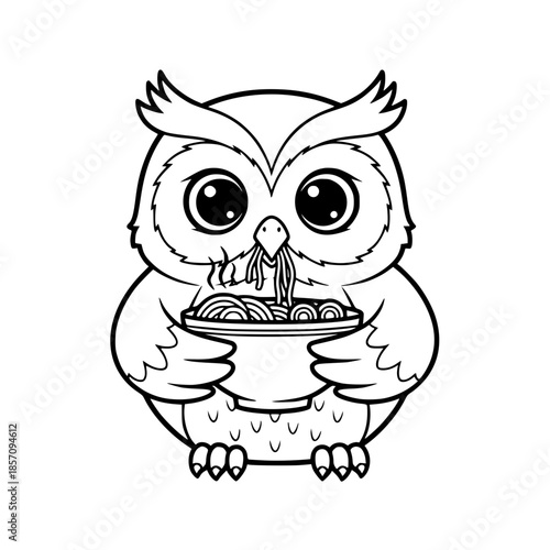 An endearing illustration of a cartoon owl contentedly eating a bowl of noodles, showcasing a unique blend of whimsy and culinary delight. vector illustration