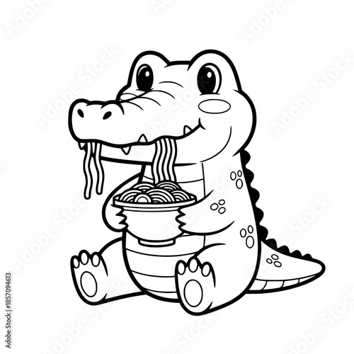 A cute cartoon alligator with big eyes happily devours a bowl of noodles, showcasing a whimsical blend of wildlife and culinary delight in a charming line art illustration. vector illustration