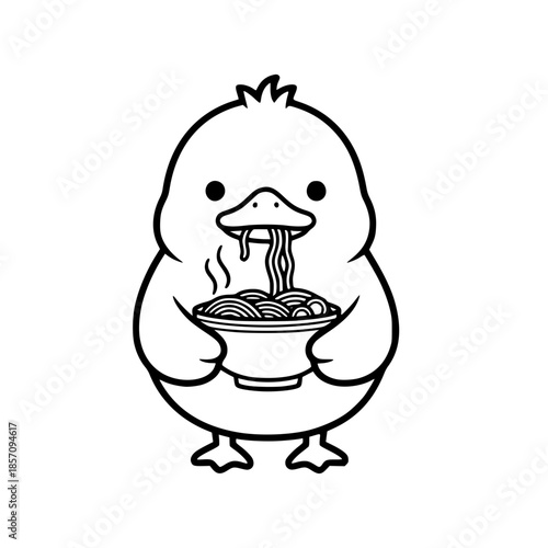A charming cartoon duck savoring a steaming bowl of delicious noodles, perfect for food enthusiasts. vector illustration