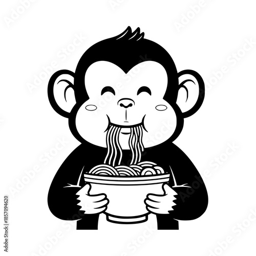 A charming monkey gleefully devouring a bowl of delicious noodles, presenting a delightful and whimsical food scene. vector illustration