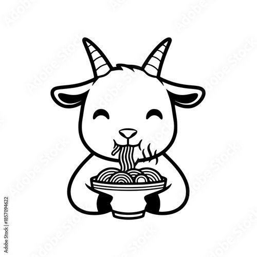 An illustrated goat happily savoring a delicious noodle dish, embodying the joy of simple pleasures and culinary delight. vector illustration