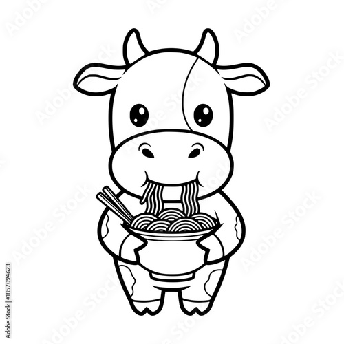 A charming cartoon cow is indulging in a bowl of delicious noodles, using chopsticks, creating a playful and lighthearted scene. vector illustration