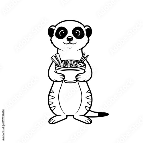 A cartoon meerkat with noodles happily enjoys a delicious bowl of noodles, showcasing the whimsical charm of this adorable creature's love for simple pleasures. vector illustration