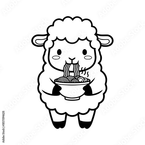 A whimsical cartoon sheep enjoys a delicious bowl of noodles, creating a playful and lighthearted scene that's sure to bring a smile. vector illustration