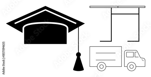 Education, logistics, e-learning, minimal design, transport, academic achievement. a graduation cap, table and delivery truck. Education and logistics concept in a modern graphic style