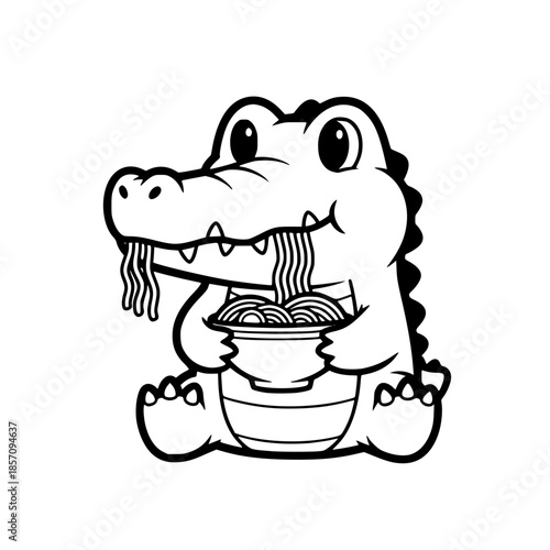 An animated adorable cartoon alligator enjoys a hearty meal of noodles, exuding playfulness and childlike wonder. vector illustration