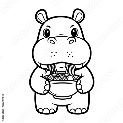 An adorable hippo enthusiastically devours a bowl of delicious noodles, it's a monochrome illustration with charming style. vector illustration
