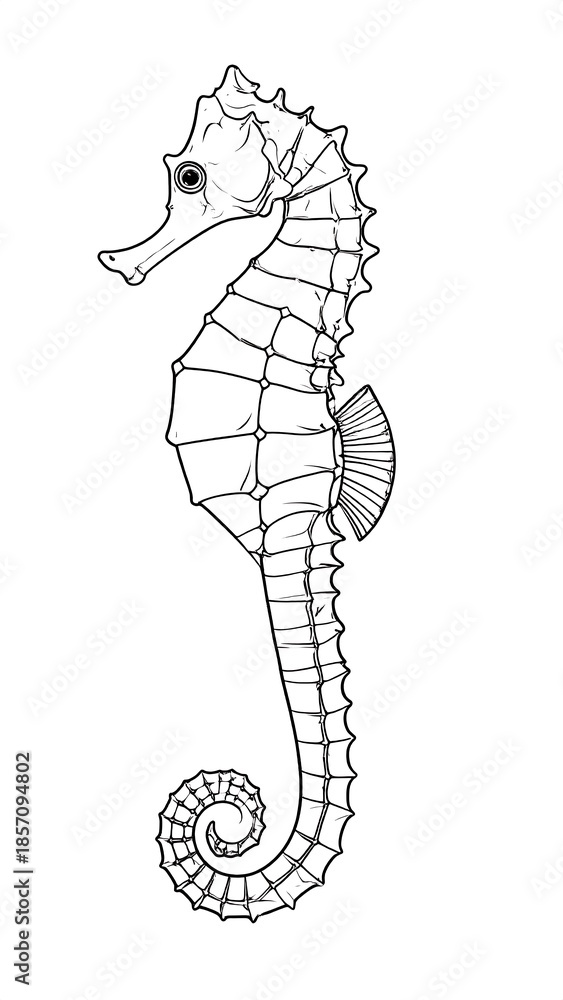 Fototapeta premium A monochrome sketch of a seahorse, outlined with detailed lines, curls its tail, and stares