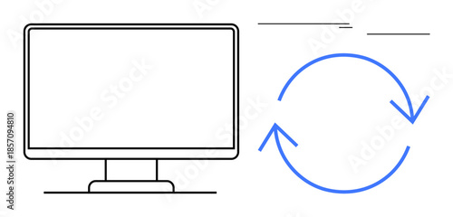Computer monitor beside blue arrows forming a circle denoting refresh or update process. Ideal for technology, workflow, innovation, synchronization, software updates, progress, simplicity as a flat