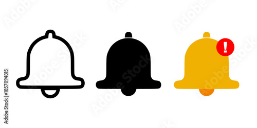 Bell icon set with notification alert symbols in various shapes. Suitable for poster design, website interface, app UI, and digital communication icons.