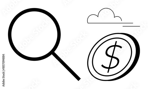 Search solutions, financial analysis, cloud computing, technology, business strategy, economic growth. Magnifying glass, dollar coin and cloud. Search solutions and financial analysis concepts
