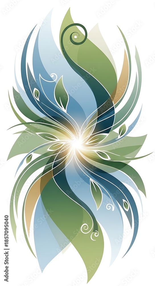 Naklejka premium Abstract Floral Design with Blue and Green Hues and Central Light.