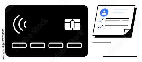 Payment card with contactless capability next to a personal information form with checkmarks. Ideal for digital payment, security, identity verification, online shopping, finance, authentication