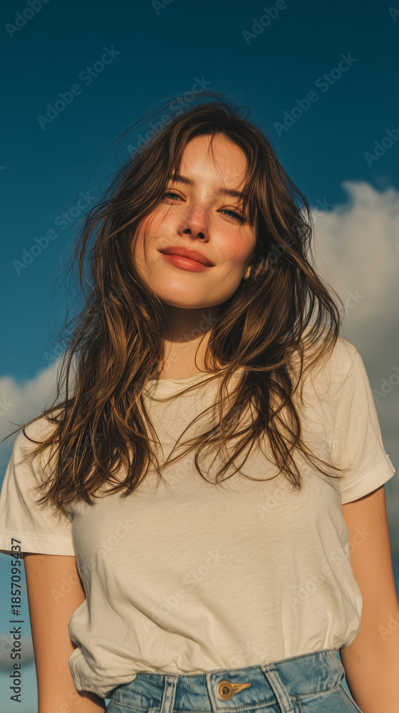 Fototapeta premium Smiling woman in casual outfit under blue sky with sunlight 