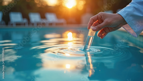 Person in lab coat tests pool water with sample vial at sunset. Checking water balance for safe swimming. Scientifically analyzing blue water for clarity and safety. © Pete
