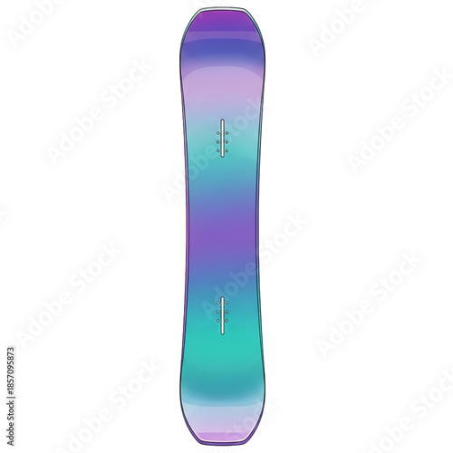 A top-down view of a vibrant, gradient-colored snowboard with a subtle pattern and binding inserts, designed for winter sports enthusiasts