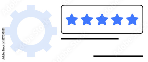 Blue gear next to a five-star rating box with horizontal lines. Ideal for themes of performance, feedback, optimization, quality, success, customer review, and excellence. Simple flat metaphor