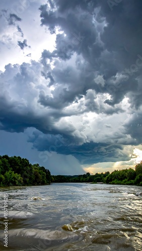 A river flows under stormy, dramatic clouds with trees lining the banks. Ominous rain hangs in distance
