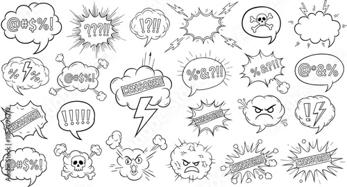 Collection of comic book style speech bubbles and censored text