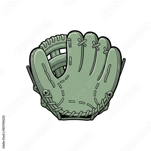 Close-up of a light green baseball glove, top-down view, with stitch details and woven leather elements