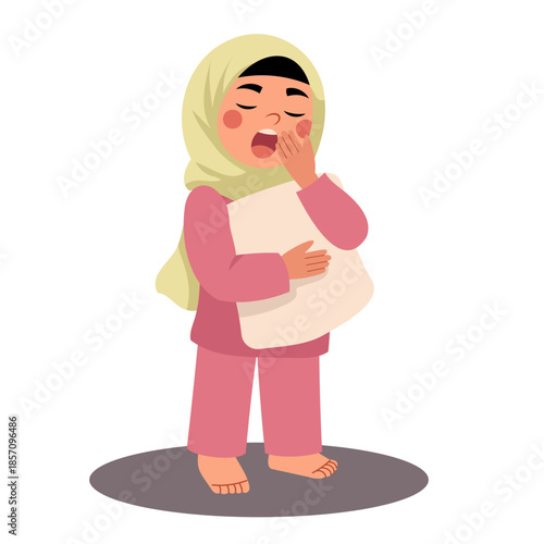Muslim Girl Waking Up in Morning Holding Pillow Vector