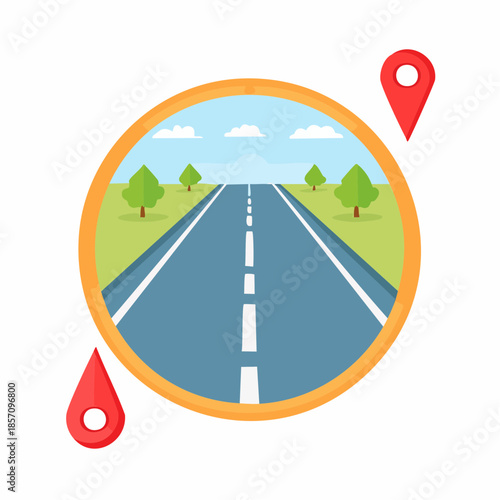 Circular illustration depicting a straight highway with trees and clouds, featuring location pins on either side, signifying travel and navigation