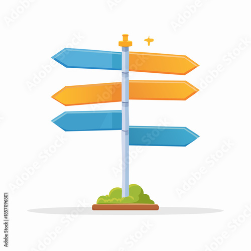 Directional signpost with multiple colorful arrows indicating different paths and choices against a white background, representing decision making and navigation