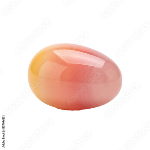 A smooth, oval-shaped, semi-transparent object with a gradient of soft pink and orange hues, isolated on a white background