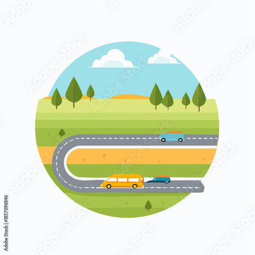 Scenic road trip through rolling green hills with vehicles on highway under a cloudy sky illustration