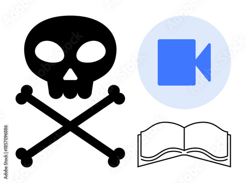 Digital piracy, copyright infringement, intellectual property, online learning, media protection, awareness campaigns. Skull and crossbones with a video icon and book symbol. Digital piracy