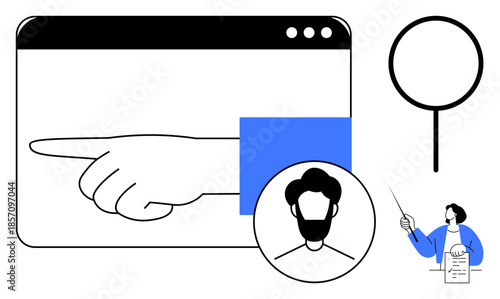 Hand pointing inside a web browser window, user profile icon, magnifying glass, and teacher explaining a document. Ideal for guidance, navigation, user interface, research, education instruction