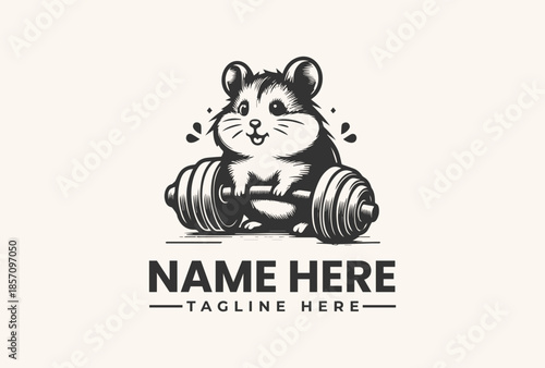 A black and white illustration of a hamster lifting dumbbells with a cheerful expression, set against a clean white background with space for a logo and tagline.