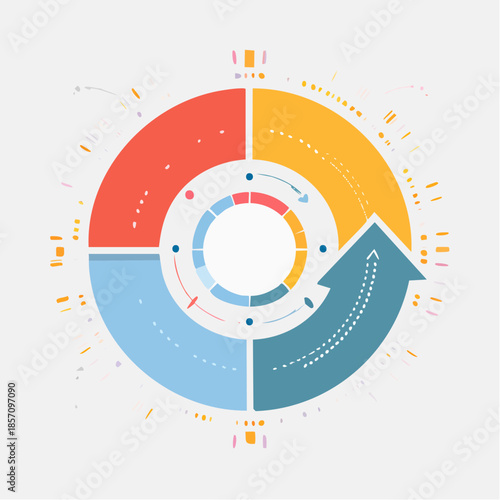 Dynamic circular process flow chart illustration for business strategy development and continuous improvement, depicting data management, workflow stages, and project lifecycle analysis