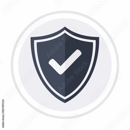 Conceptual graphic icon symbolizing robust digital security and verified protection, featuring a dark shield with a prominent white checkmark, representing guaranteed online safety and data integrity