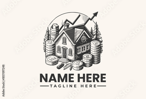 Black and white illustration of a house with stacks of coins and an upward arrow, surrounded by trees on a clean background, conveying a sense of financial growth and stability.