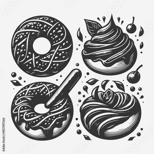 Black and white vector illustration of assorted donuts and cream puffs with leaves, droplets, and icing, against a clean white background.