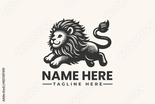 Black and white illustration of a lion logo with a fiery tail and text placeholder on a beige background.