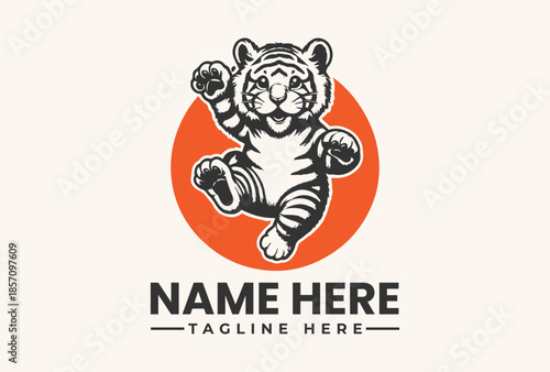 A playful tiger logo illustration with a dynamic pose in front of an orange circle on a beige background, featuring placeholder text for a custom name and tagline.
