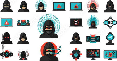 Cyber threats and hacking icons set with hooded figures and malware symbols