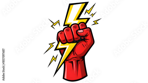 Red clenched fist holding lightning bolt power and energy concept vector illustration