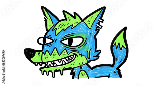 Funny blue wolf sticker with green slime and hand drawn doodle cartoon style vector